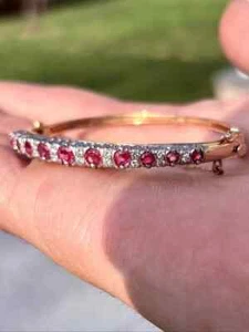Fancy Bangle Bracelet 14k Two-Tone Gold Plated 7 Ct Round Simulated Red Ruby - Picture 1 of 7