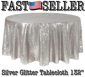 Silver Glitter 132'' Tablecloth Round Sequin Table Cloth Party - New! - Picture 1 of 7