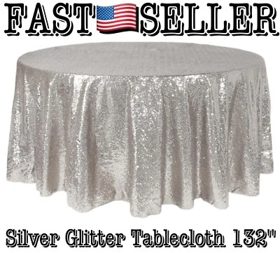 Серебряный блестящий 132'' скатерть круглый блестки скатерть вечеринки - новый! - Изображение 1 из 4