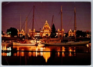 Parliament Buildings Illuminated, Victoria BC, 1987 Postcard, Klussendorf Cancel - Bild 1 von 2