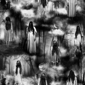 Halloween Fabric BTY, Creepy Ghost Girl in The Woods, TTF CD2098, TheFabricEdge - Picture 1 of 2