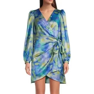 Belle by Badgley Mischka Wrap Dress Women's Size 8 Blue Multi Satin Jacquard - Image 1 of 4
