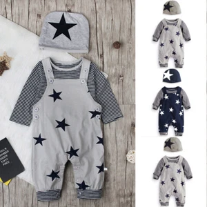Toddler Kids Baby Boys Girls Outfits Star T-shirt Straps Pants Hat Clothes Suits - Picture 1 of 15