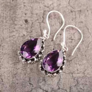 Women Drop-Dangle Earring 14K White Gold Plated Simulated Amethyst 2Ct Pear Cut - Picture 1 of 3