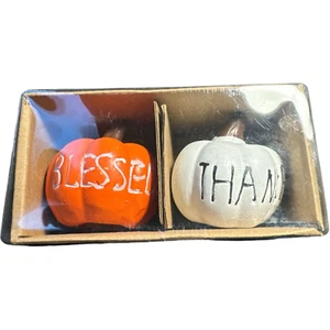 Fall Harvest Pumpkin Salt and Pepper Shaker Set Blessed Thankful Orange White - Picture 1 of 3