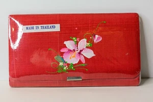 Womens Thai Silk Clutch Wallet Handmade in Red with Hand Painted Flower Design - Picture 1 of 6
