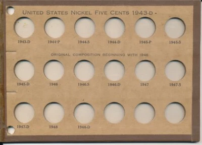 Tablero de monedas Wayte Raymond No. Cinco centavos de níquel de Estados Unidos 358F 1943-D a 1948-D Foto 1 de 2