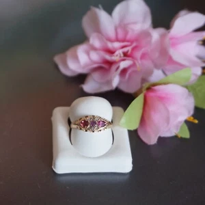 Art Deco 9kt Gold Ring with Graduated Oval Rubies & Diamonds - Picture 1 of 6