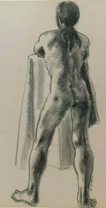 LISTED AMERICAN ED BRODKIN SIGNED ORIGINAL CHARCOAL MALE NUDE STUDY - Picture 1 of 10