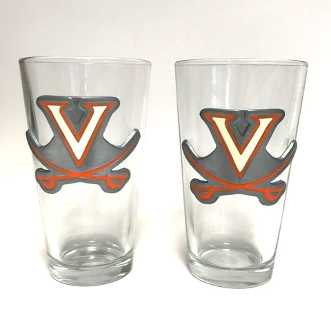 TWO University Of Virginia UVA Cavaliers 16 oz Pint Beer Glasses with Metal Logo Cover