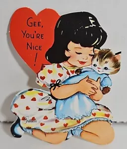 Vintage Gibson Valentine Card Valentine's Day "Gee, You're Nice" Girl With Kitty - Picture 1 of 3