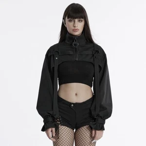 Punk Rave Women Black Gothic Punk Cool Stand Collar Short Jacket Casual Tops - Picture 1 of 22