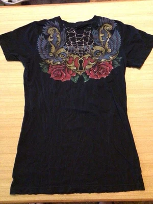 Sinful Affliction Women's T Shirt Sparrows Heart Roses Spider Web Key Hole L - Image 1 of 4