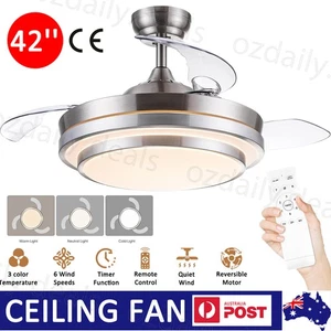 42'' Ceiling Fan with 3 Colors LED Light Retractable Blade and Remote Control AU - Picture 1 of 12