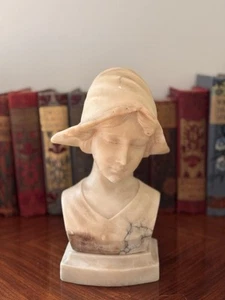 Antique Italian Alabaster Marble Bust Of A Young Girl Woman With Hat - Picture 1 of 4