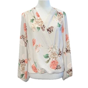 NEW INC International Concepts surplice long sleeve Blouse beigeFlorl Size PS - Picture 1 of 14