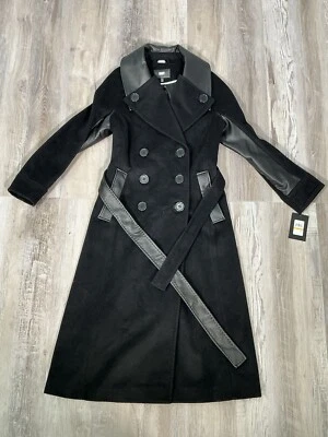 Abrigo DKNY Doble Pecho Imitación Cuero Ribete Cinturón en Negro Mujer Talla Pequeña NUEVO Foto 1 de 4