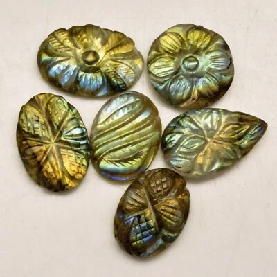 6Pcs 55Cts Natural Labradorite Carving Loose Gemstone Lot 19x12 18x11mm #R-13619 - image 1 of 4
