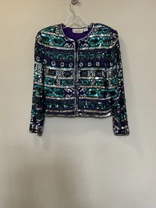 Vintage Laurence Kazar New York Beaded Sequin Silk Party Jacket Size Small - Picture 1 of 7