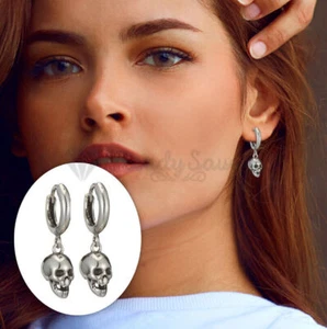 Sterling Silver Gothic Punk Skull Head Earrings Dangle Drop Hoop Stud Jewelry - Picture 1 of 8