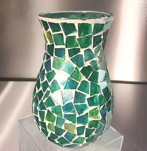 MCM Mosaic Glass Vase Candle Holder Green Random 7" Tall Home Decor Glossy - Picture 1 of 12