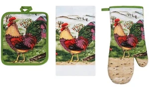 3pc Kitchen Set: 1 Jumbo Pot Holder, 1 Oven Mitt & 1 Towel, ROOSTER, Premius - Picture 1 of 16