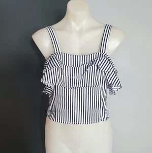 Women's size 12 'MISS VALLEY' Gorgeous white and navy striped ruffle crop top - Picture 1 of 6
