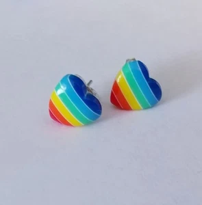 Rainbow Heart Post Earrings, Rainbow Striped Earrings, Ear Candy, LGBTQ - Picture 1 of 3