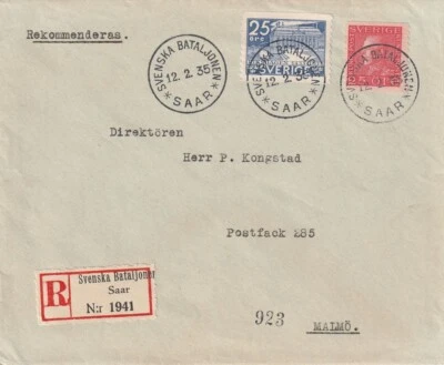 SWEDEN: Registered cover, Swedish Battalion in SAAR 1935, Scarce. (5) - Image 1 of 3