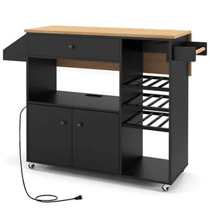 Kitchen Island Cart w/ Drop-Leaf & Power Outlet Microwave Shelf Wine Rack Drawer - Picture 1 of 10