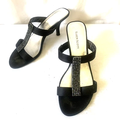 Sandalias de tacón alto KAREN SCOTT para mujer 7M negras satinadas y cuentas elegantes punta abierta Foto 1 de 4