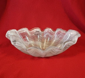 Murano Kunst Glas Schale Muschel Muschel Italien mundgeblasen Taschentuch Rand 10,5" grau - Bild 1 von 10
