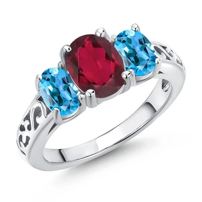 2.40 Ct Oval Red Mystic Topaz Swiss Blue Topaz 925 Sterling Silver Ring - Image 1 of 4