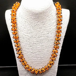 Tangerine Orange Black Glass Chunky Statement Lampwork Necklace Toggle Clasp Big - Picture 1 of 14