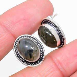 Natural Labradorite Gemstone 925 Sterling Silver Jewelry Stud Earring Size 1" - Picture 1 of 1