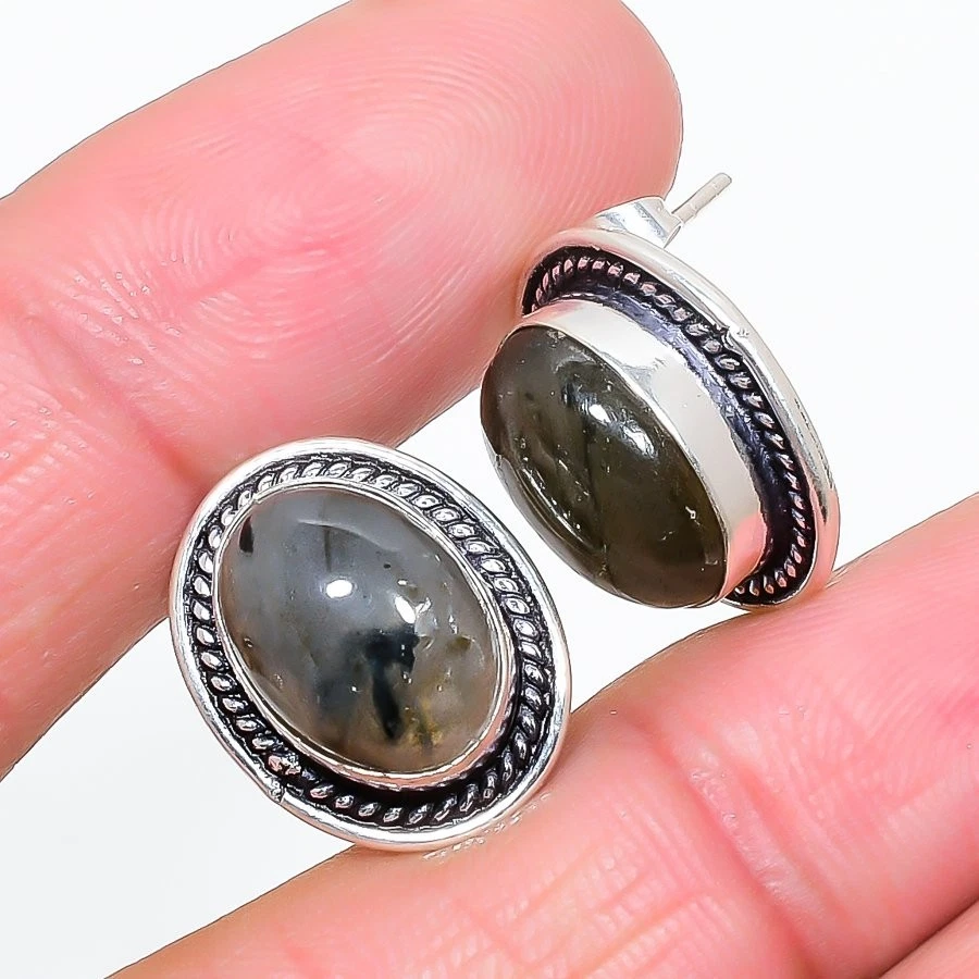 Natural Labradorite Gemstone 925 Sterling Silver Jewelry Stud Earring Size 1" - Image 1 of 1