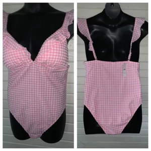 NWT J.CREW Sz 16 Pink Ruffle Plunging One Piece Swimsuit Puckered Gingham $110 - Picture 1 of 11