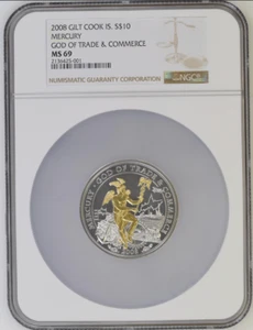 10 DOLLARS 2008 COOK ISLANDS GOD OF TRADE MERCURY SILVER UNC NGC MS69 - Picture 1 of 4