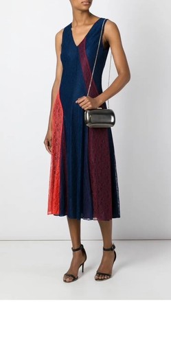 Abito midi blu navy Tory Burch Iliana con pannelli in pizzo colore bloccato taglia 10