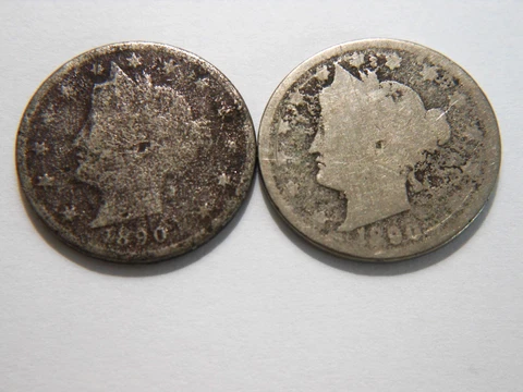 *Lot of 2* 1890 Liberty V Nickels,  Nice *Low Priced* Coins can use as a filler Cover