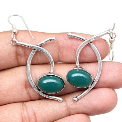 Green Onyx Gemstone Handmade Gift For Her Silver Jewelry Earrings 1.5'' - Image 1 of 4
