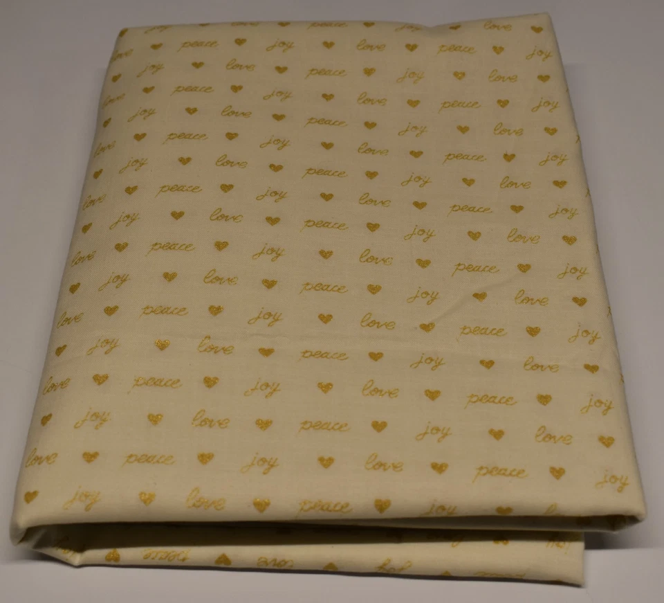 TELA DE ALGODÓN CREMA 1 yarda + 15" x 44" amor alegría paz corazones estampado dorado metálico Foto 1 de 2