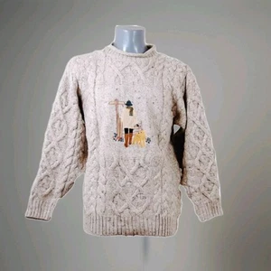 Vintage 80s ACORN Men's Sweater Embroidery 100% Pure Virgin Wool English Beige M - Picture 1 of 7