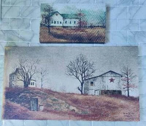 Set of 2 Billy Jacobs Art Prints Canvas On Wood Primitive Farm Country Scenes - Picture 1 of 4