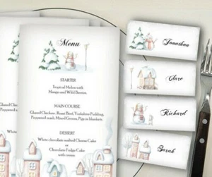 Carte Menù Natalizie Personalizzate Case innevate e Carte Nome Abbinate - Foto 1 di 4
