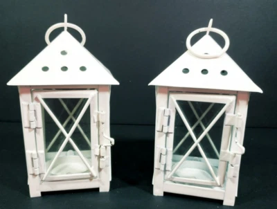 Linternas de metal blanco vela tealight 5,5" de alto con paneles de vidrio juego de 2 nuevas con etiquetas Foto 1 de 4