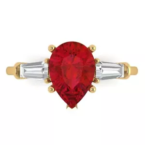 2.5 Pear Baguette 3stone Ruby Classic Designer Ring 14k Yellow Solid Gold - Picture 1 of 11