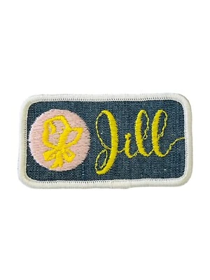 Jill Patch Retro Embroidered Denim Iron On Girl Pink Yellow Bow Badge VTG 70s - Image 1 of 3