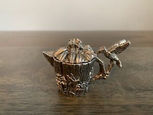 Miniature Trinket Box Hummingbird Flowers Teapot Pitcher Silver Tone Vintage