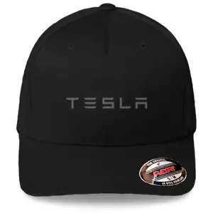 Tesla Motor Logo Black Hat Flexfit Baseball Cap Printed Emblem S/M & L/XL - Picture 1 of 8